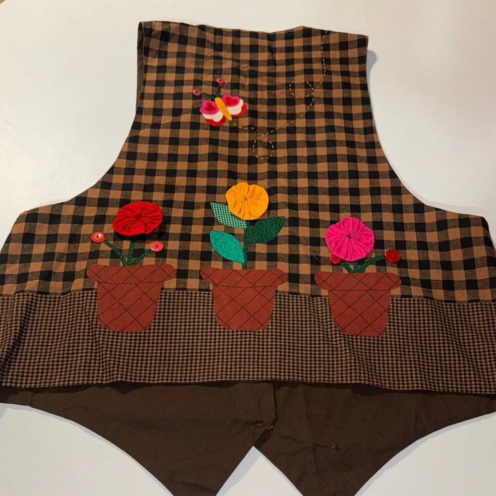 Fun Handmade Checkered Vest‎ with Cat and Floral Design